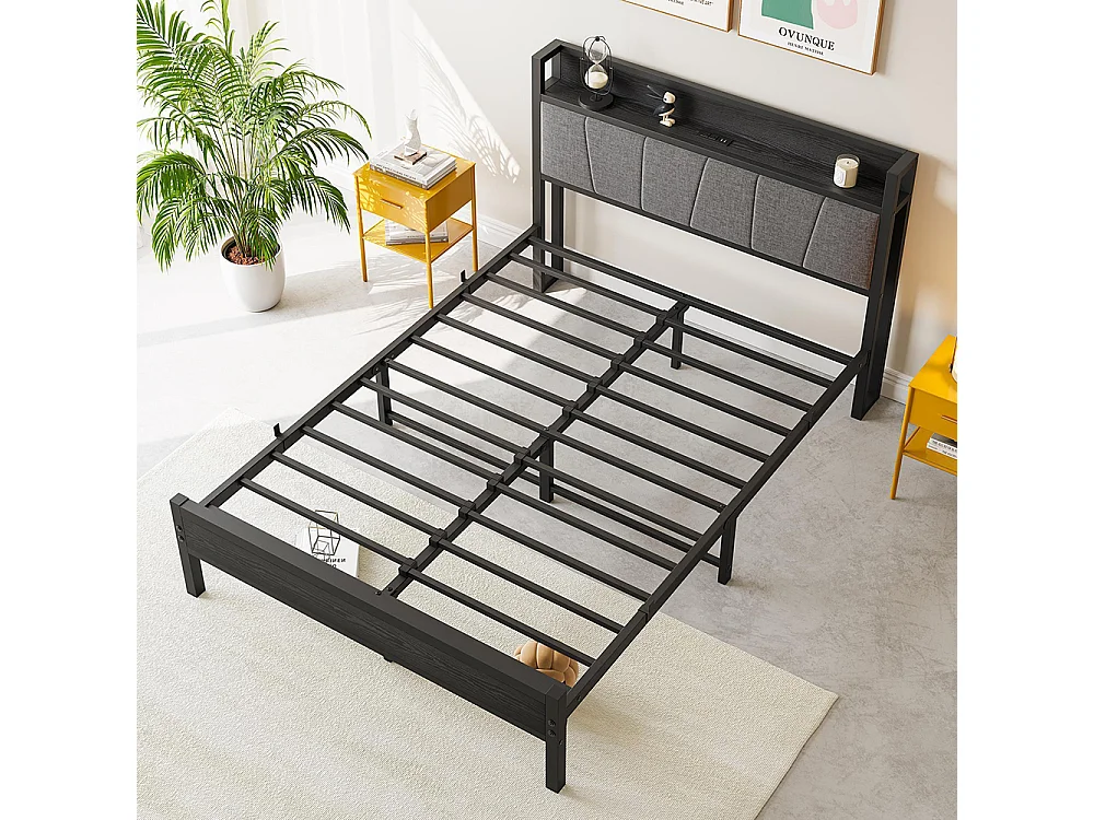 Lit adulte avec éclairage LED intelligent et ports USB, structure métallique, noir - 120 x 200 cm