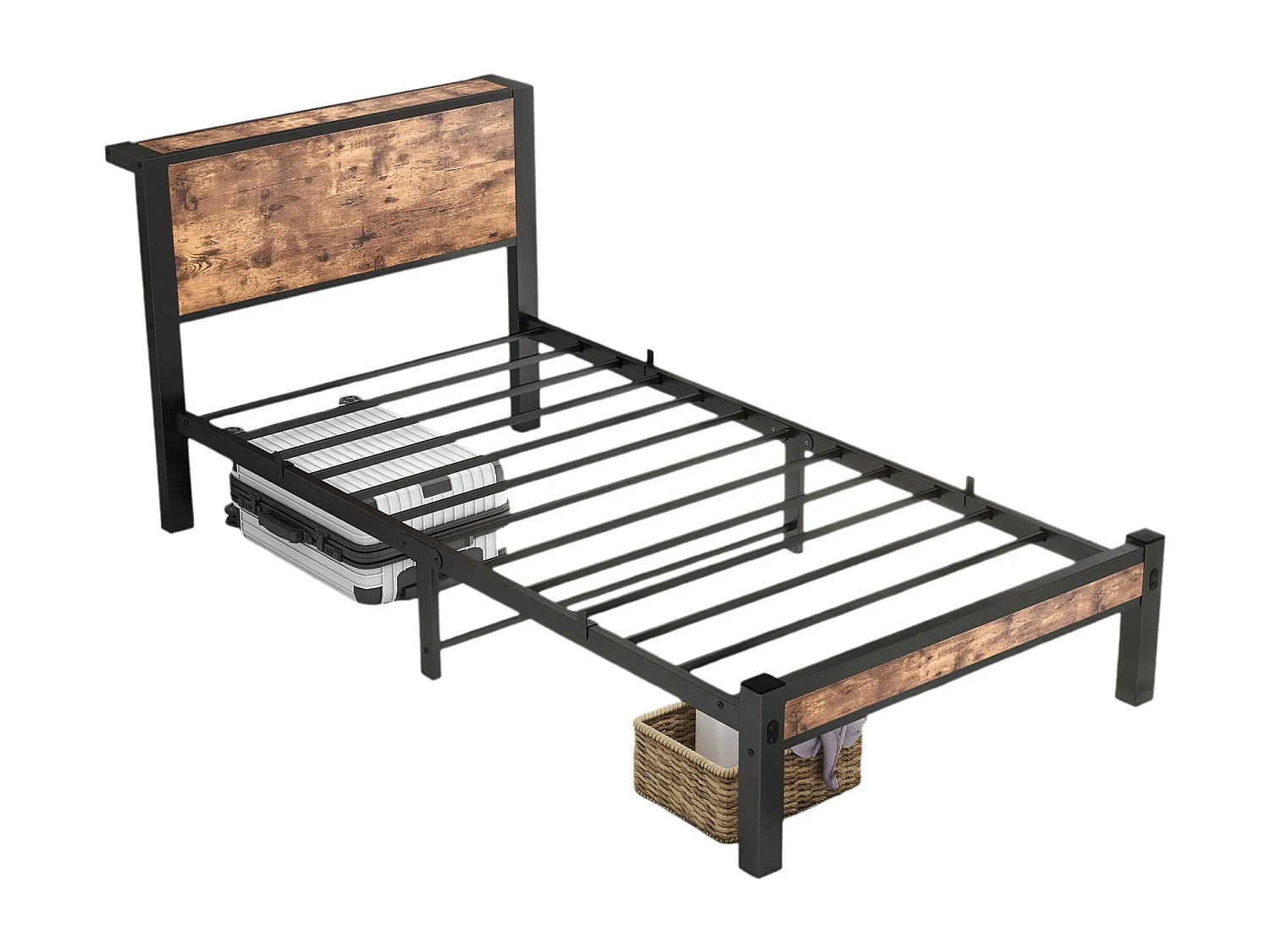 Lit adulte avec tête de lit coffre, fonctionnement silencieux, structure métallique, marron - 90 x 200 cm