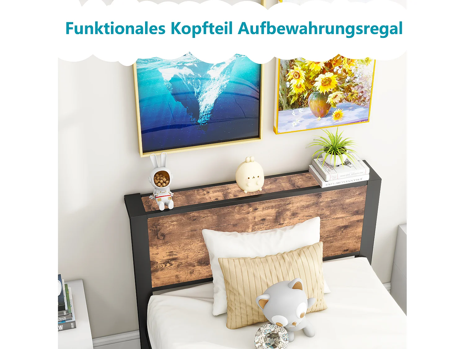 Lit adulte avec tête de lit coffre, fonctionnement silencieux, structure métallique, marron - 90 x 200 cm