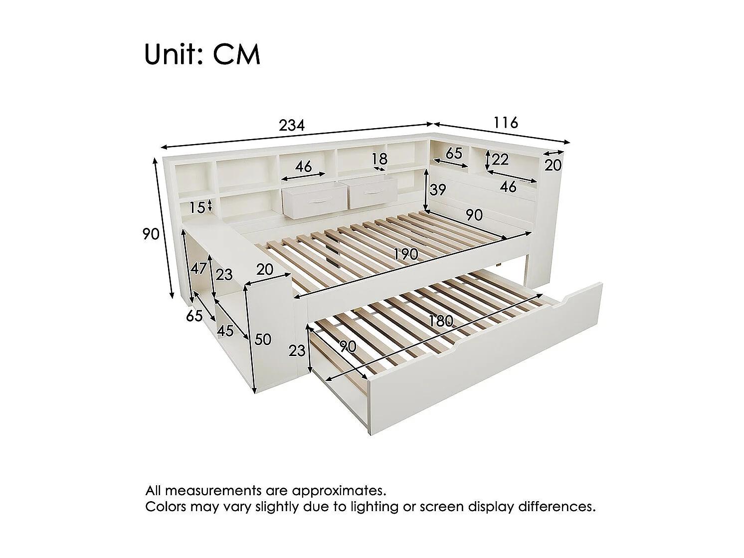 Sofá-cama, com cama extra, prateleira de arrumação em três lados e portas de carregamento USB/Tipo C integradas, branco - 90x190
