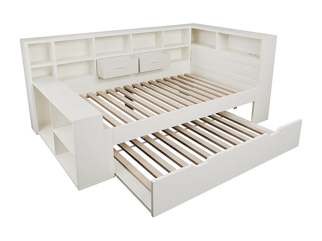 Sofá-cama, com cama extra, prateleira de arrumação em três lados e portas de carregamento USB/Tipo C integradas, branco - 90x190