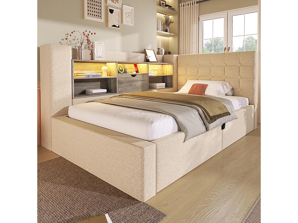 Lit rembourré avec éclairage LED, système de rangement hydraulique, réglable des deux côtés, tissu en lin, beige (sans matelas) - 90 x 200 cm