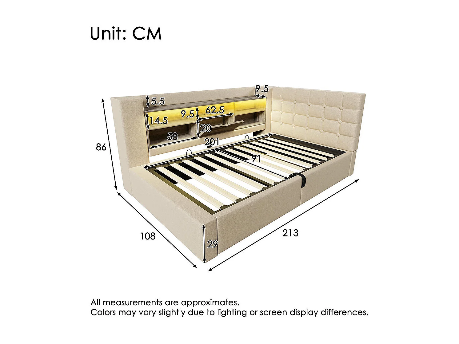 Lit rembourré avec éclairage LED, système de rangement hydraulique, réglable des deux côtés, tissu en lin, beige (sans matelas) - 90 x 200 cm