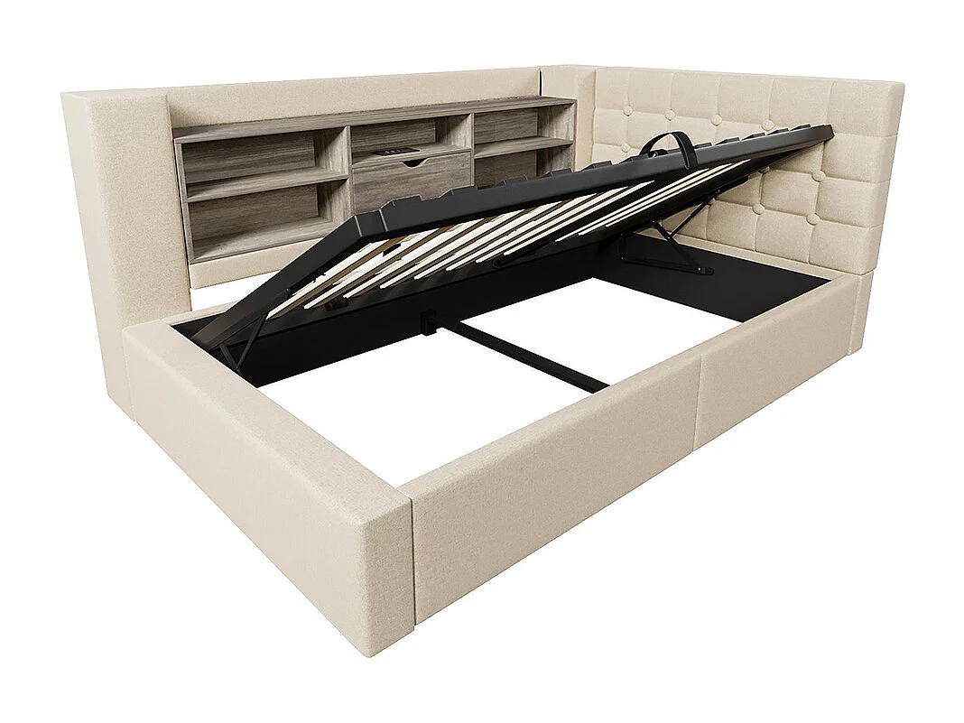 Lit rembourré avec éclairage LED, système de rangement hydraulique, réglable des deux côtés, tissu en lin, beige (sans matelas) - 90 x 200 cm