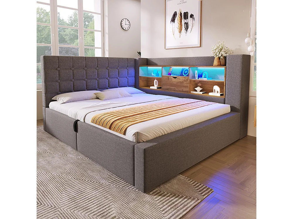 Letto imbottito con illuminazione a LED, sistema di contenimento idraulico, regolabile su entrambi i lati, tessuto in lino, grigio (senza materasso) - 140 x 200 cm