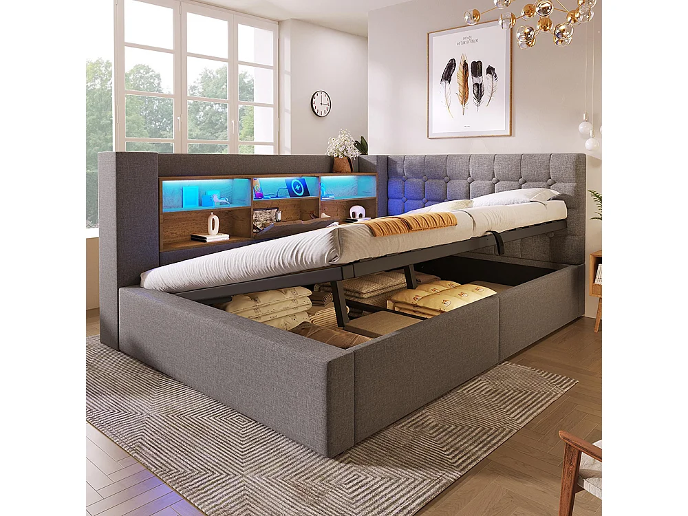 Letto imbottito con illuminazione a LED, sistema di contenimento idraulico, regolabile su entrambi i lati, tessuto in lino, grigio (senza materasso) - 140 x 200 cm