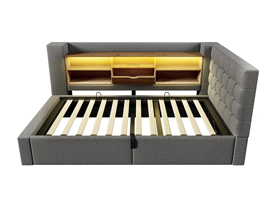 Lit rembourré avec éclairage LED, système de rangement hydraulique, réglable des deux côtés, tissu en lin, gris (sans matelas) - 90 x 200 cm
