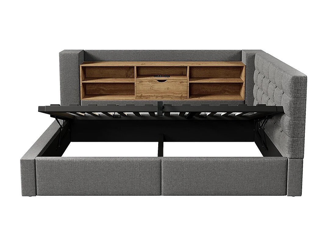 Lit rembourré avec éclairage LED, système de rangement hydraulique, réglable des deux côtés, tissu en lin, gris (sans matelas) - 90 x 200 cm