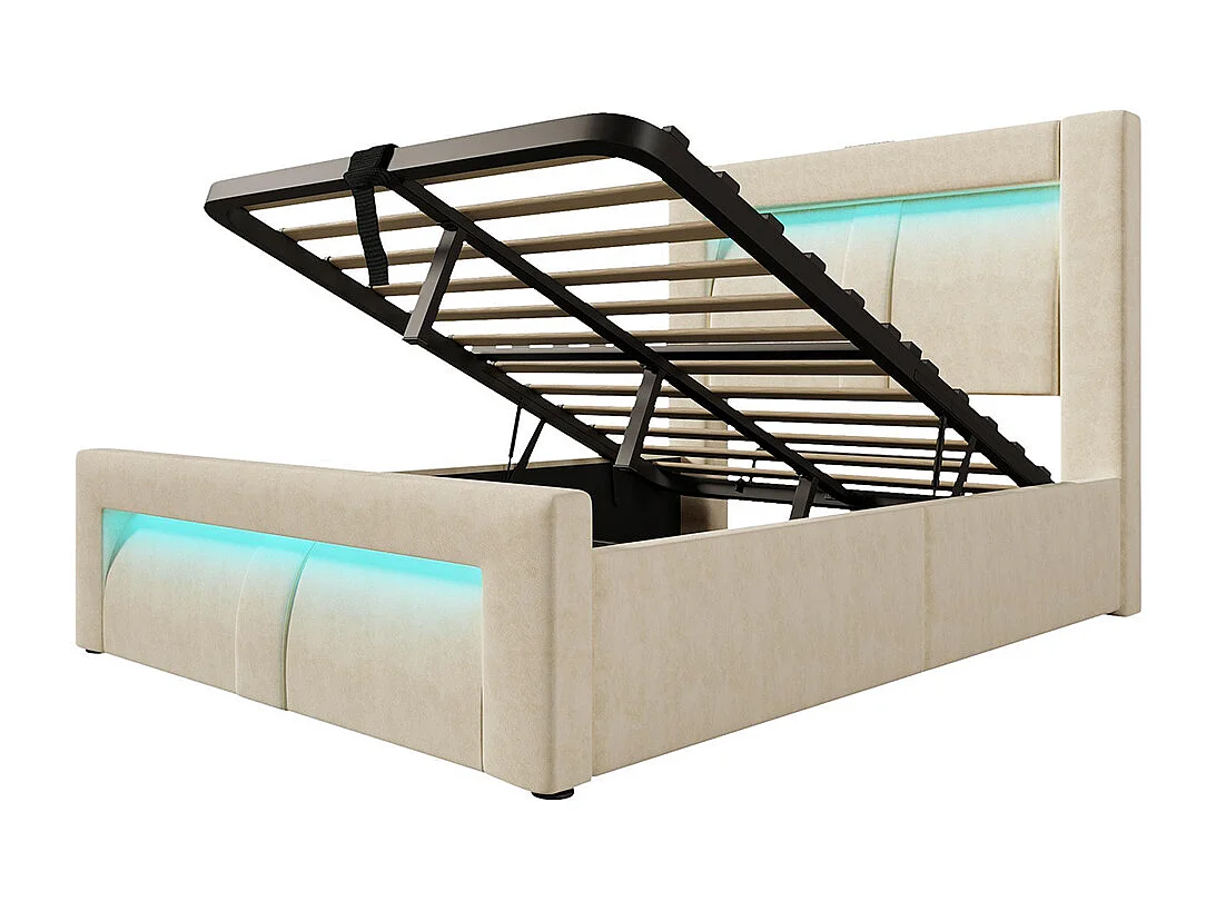 Lit hydraulique avec éclairage LED piloté par application, ports de charge USB et Type-C, velours, beige - 90x200 cm.