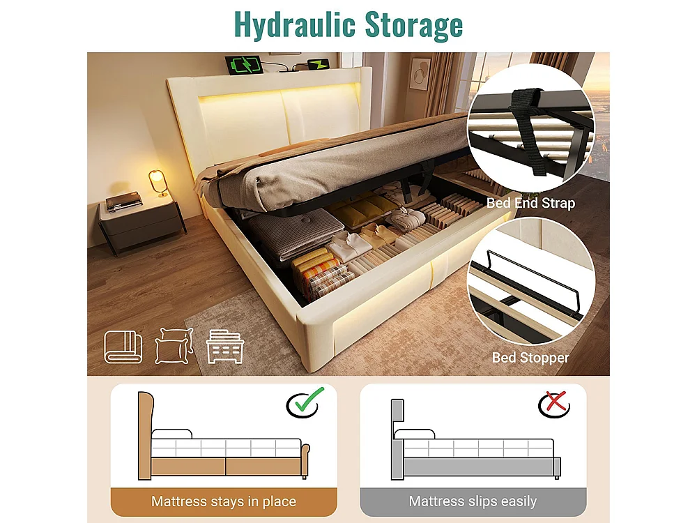 Lit hydraulique avec éclairage LED piloté par application, ports de charge USB et Type-C, velours, beige - 90x200 cm.