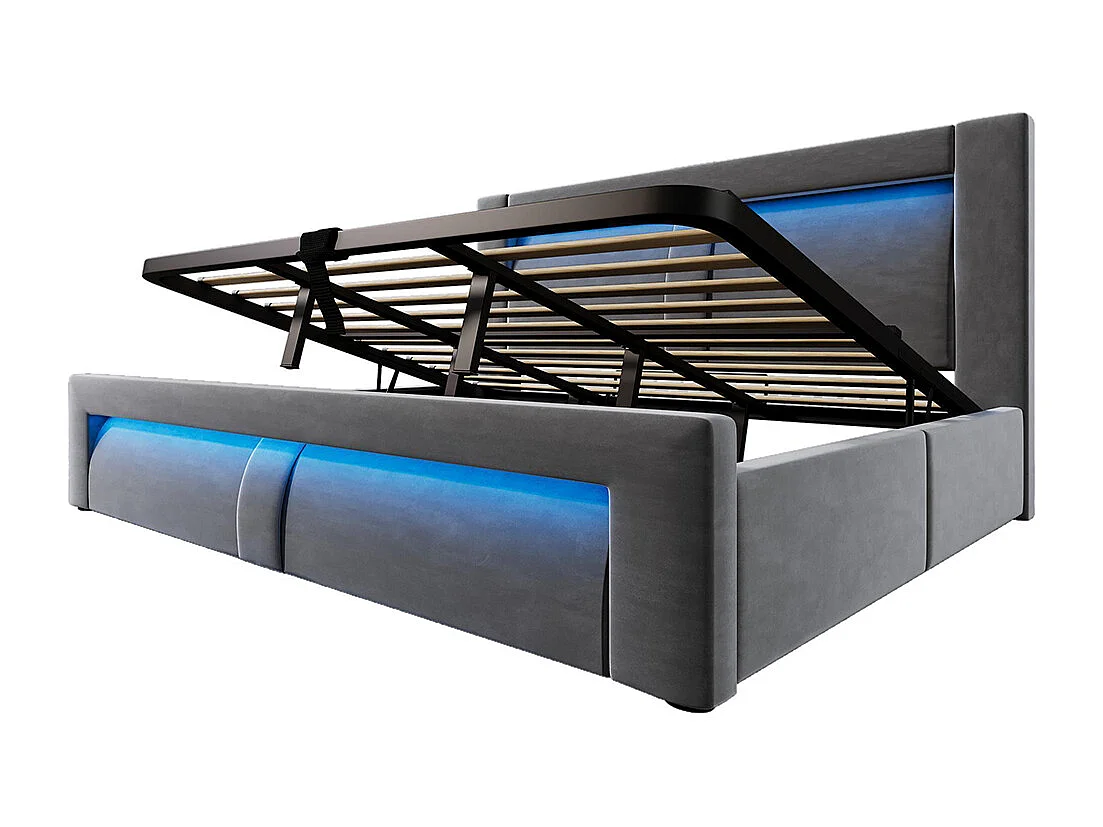 Lit hydraulique avec éclairage LED piloté par application, ports de charge USB et Type-C, velours, gris - 180x200 cm.