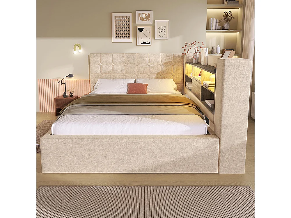 Lit rembourré avec éclairage LED, système de rangement hydraulique, réglable des deux côtés, tissu en lin, beige (sans matelas) - 140 x 190 cm