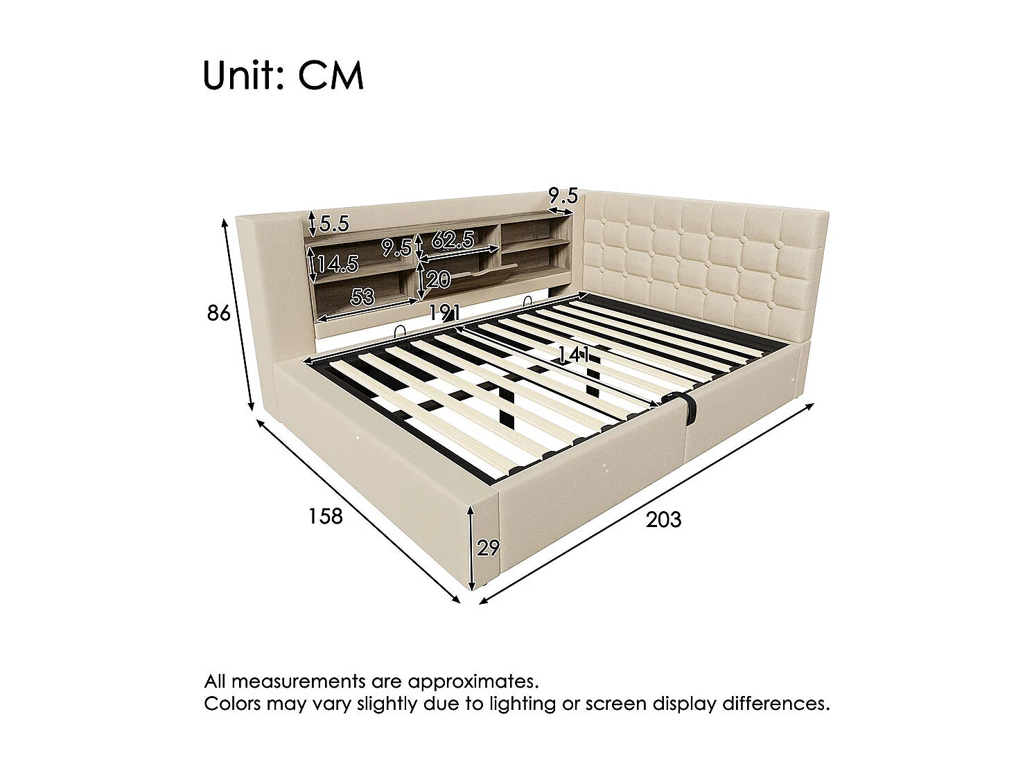 Lit rembourré avec éclairage LED, système de rangement hydraulique, réglable des deux côtés, tissu en lin, beige (sans matelas) - 140 x 190 cm