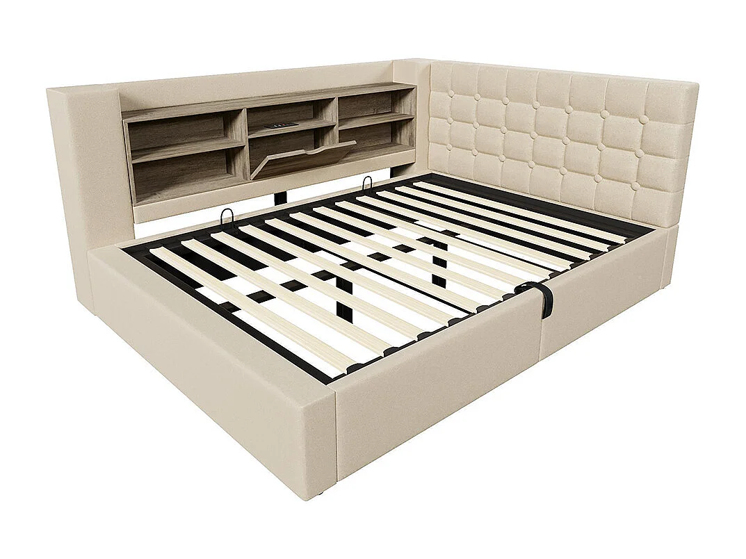 Lit rembourré avec éclairage LED, système de rangement hydraulique, réglable des deux côtés, tissu en lin, beige (sans matelas) - 140 x 190 cm
