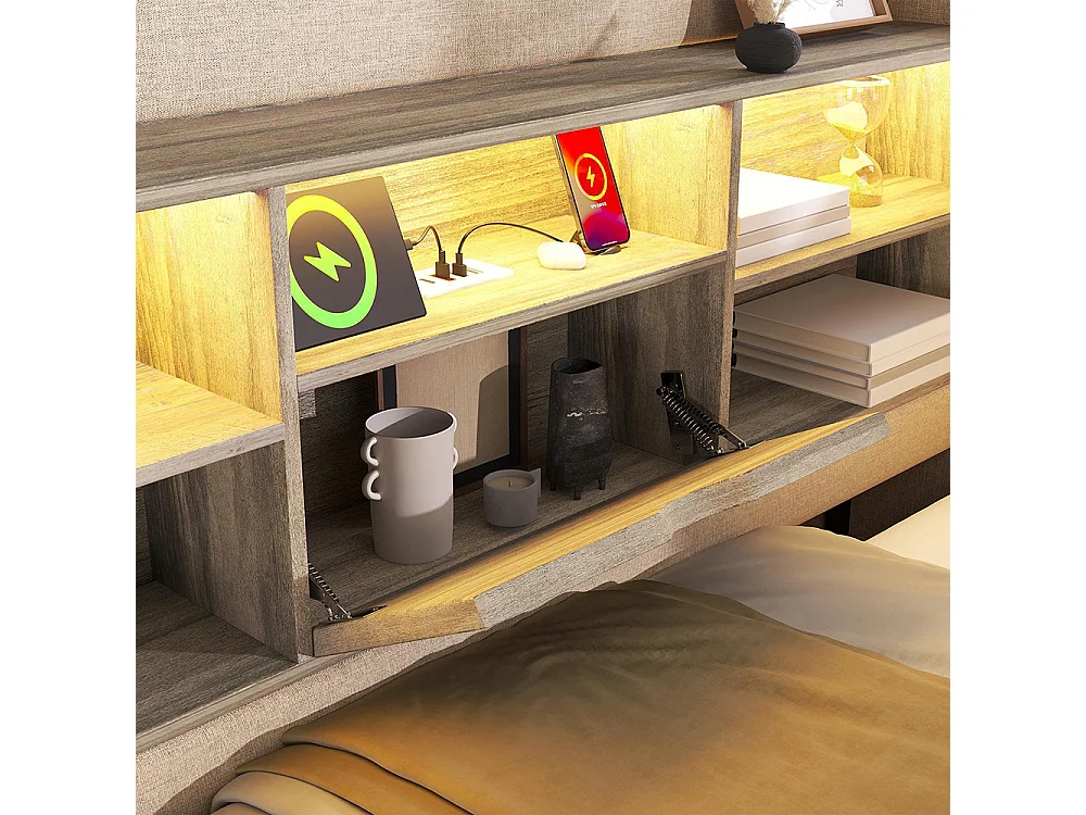 Lit rembourré avec éclairage LED, système de rangement hydraulique, réglable des deux côtés, tissu en lin, beige (sans matelas) - 140 x 190 cm