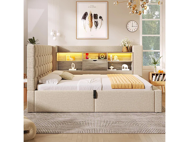 Lit rembourré avec éclairage LED, système de rangement hydraulique, réglable des deux côtés, tissu en lin, beige (sans matelas) - 140 x 190 cm