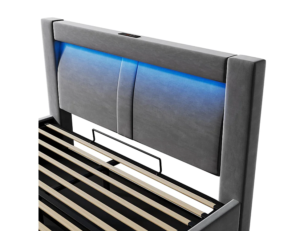 Lit hydraulique avec éclairage LED piloté par application, ports de charge USB et Type-C, velours, gris - 160x200 cm.