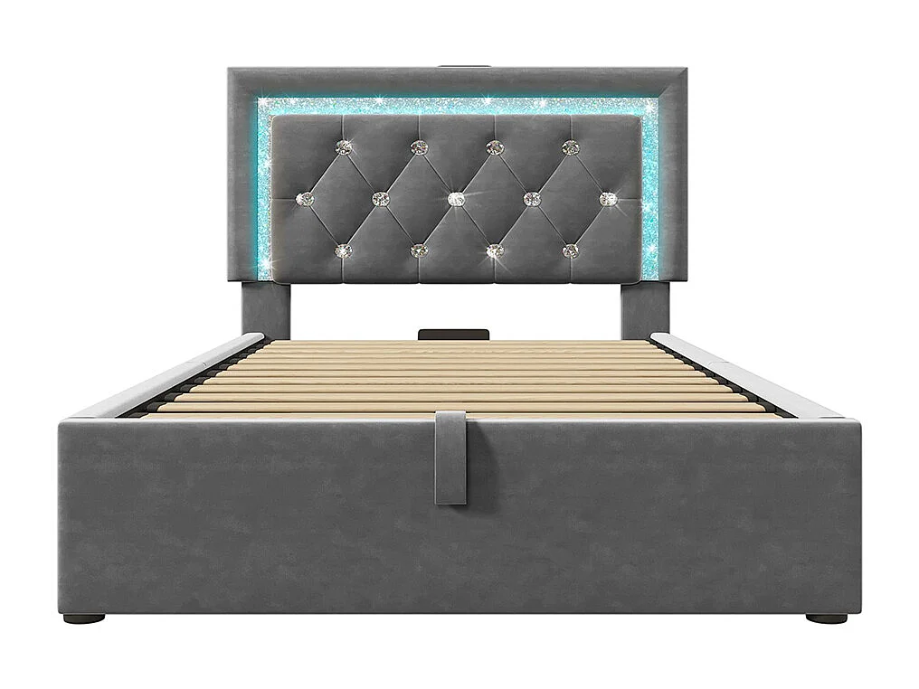 Gestoffeerd bed, hoofdeinde met LED-diamantstrip, USB- en Type-C-oplaadstation, fluweel, grijs (zonder matras) - 90x200 cm
