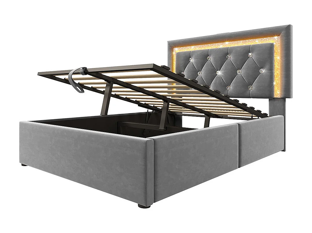 Gestoffeerd bed, hoofdeinde met LED-diamantstrip, USB- en Type-C-oplaadstation, fluweel, grijs (zonder matras) - 90x200 cm