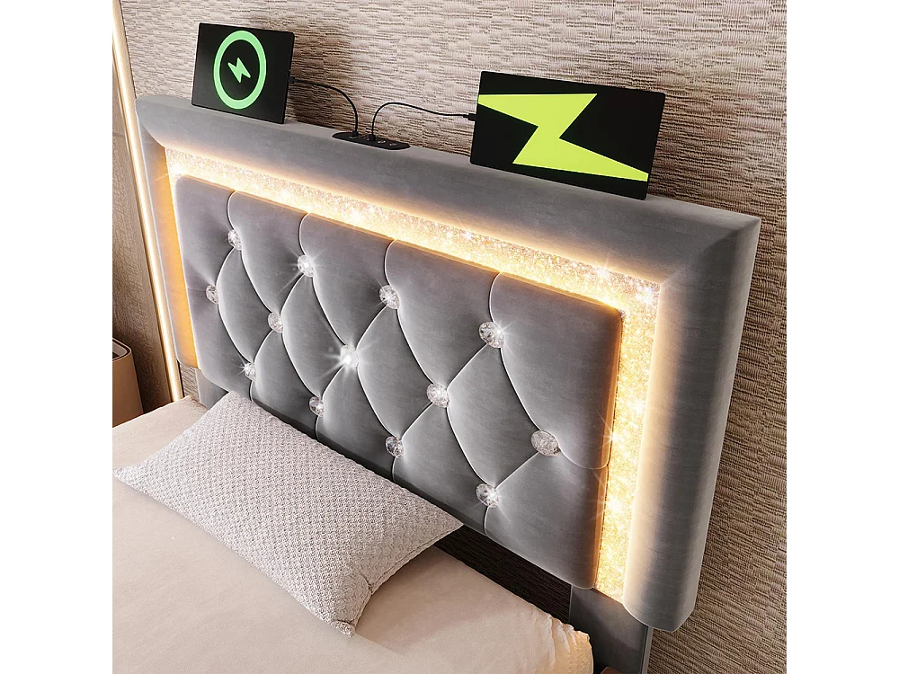 Gestoffeerd bed, hoofdeinde met LED-diamantstrip, USB- en Type-C-oplaadstation, fluweel, grijs (zonder matras) - 90x200 cm