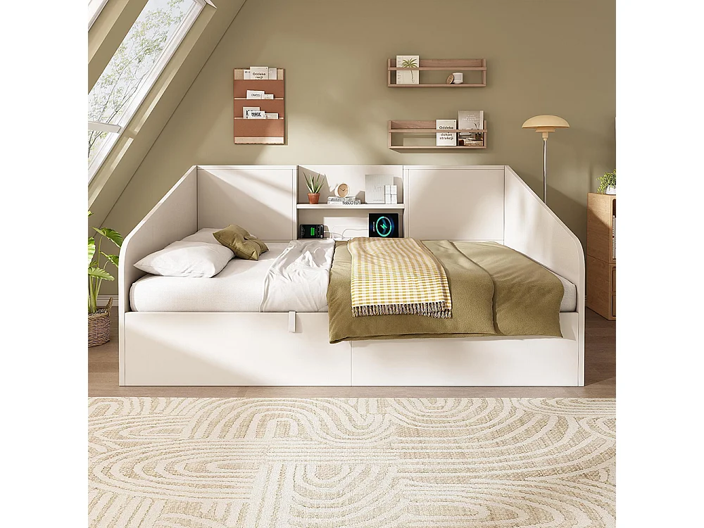 Canapé-lit hydraulique avec 2 étagères, grande capacité de rangement et station de recharge USB/Type-C, blanc (sans matelas) - 140x190 cm