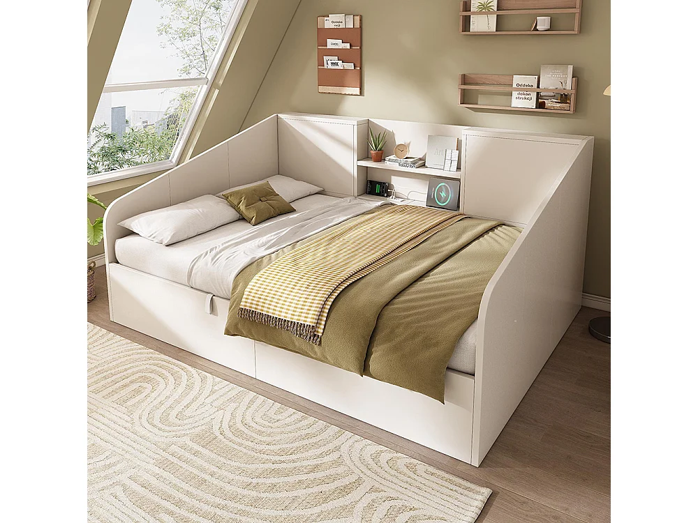 Canapé-lit hydraulique avec 2 étagères, grande capacité de rangement et station de recharge USB/Type-C, blanc (sans matelas) - 140x190 cm