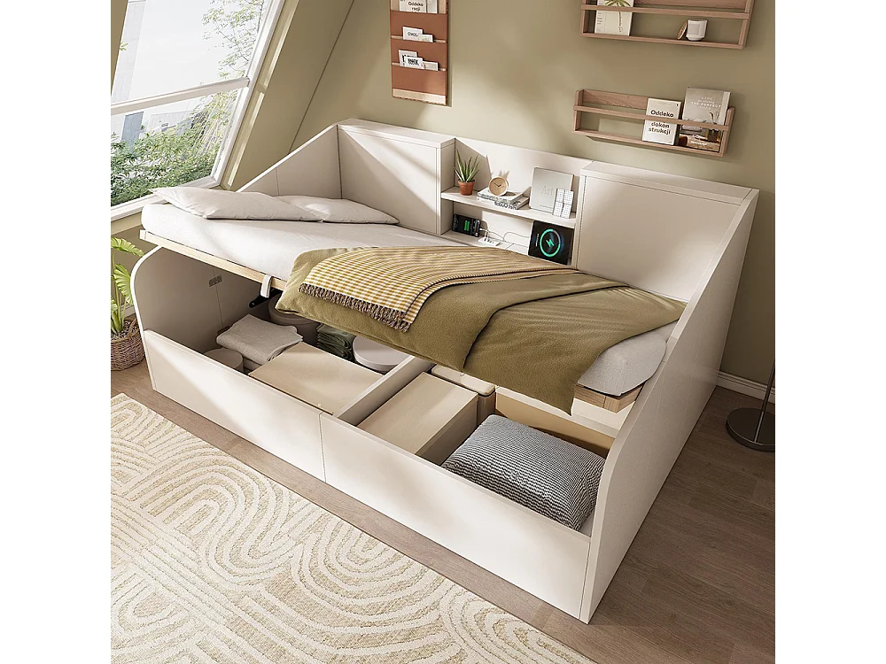 Canapé-lit hydraulique avec 2 étagères, grande capacité de rangement et station de recharge USB/Type-C, blanc (sans matelas) - 140x190 cm