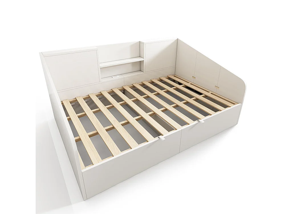 Canapé-lit hydraulique avec 2 étagères, grande capacité de rangement et station de recharge USB/Type-C, blanc (sans matelas) - 140x190 cm