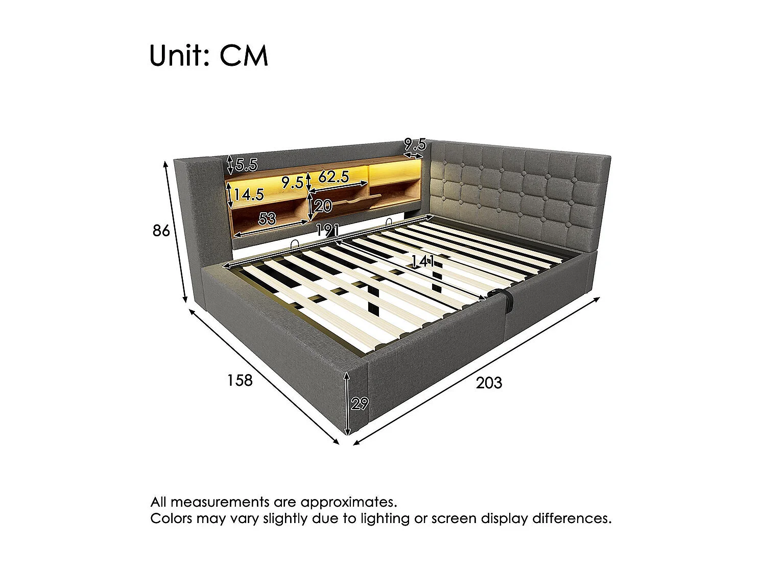 Lit rembourré avec éclairage LED, système de rangement hydraulique, réglable des deux côtés, tissu en lin, gris (sans matelas) - 140 x 190 cm