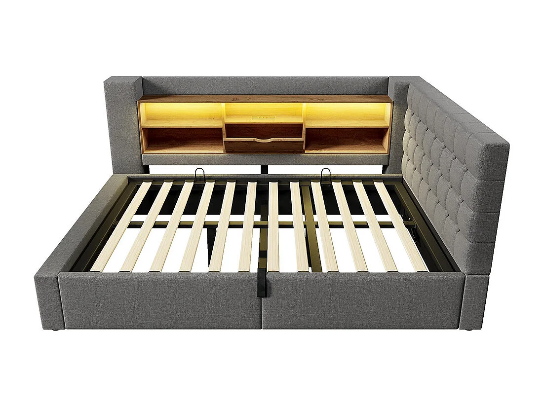Lit rembourré avec éclairage LED, système de rangement hydraulique, réglable des deux côtés, tissu en lin, gris (sans matelas) - 140 x 190 cm