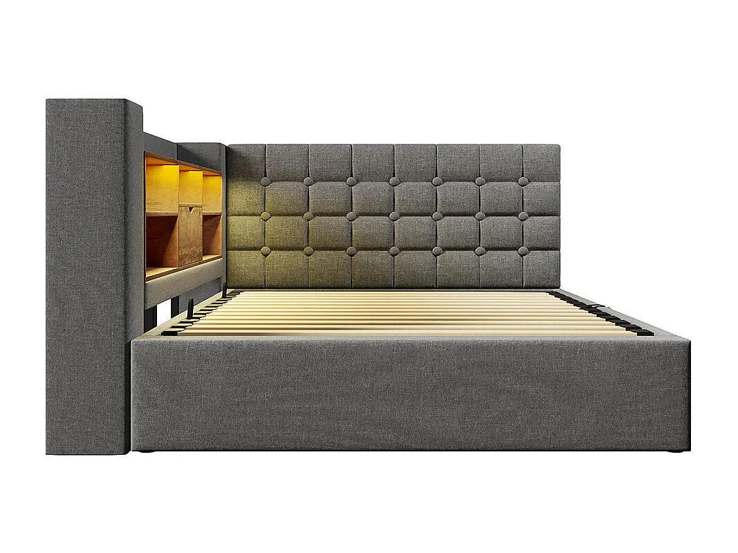 Lit rembourré avec éclairage LED, système de rangement hydraulique, réglable des deux côtés, tissu en lin, gris (sans matelas) - 140 x 190 cm