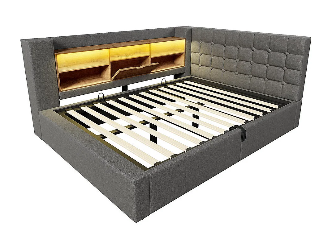 Lit rembourré avec éclairage LED, système de rangement hydraulique, réglable des deux côtés, tissu en lin, gris (sans matelas) - 140 x 190 cm