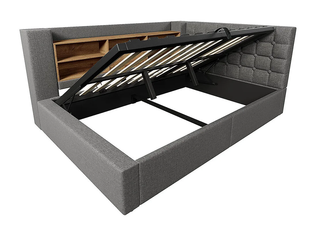 Lit rembourré avec éclairage LED, système de rangement hydraulique, réglable des deux côtés, tissu en lin, gris (sans matelas) - 140 x 190 cm