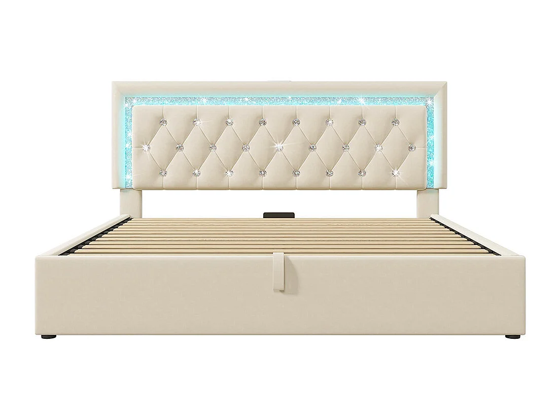 Gestoffeerd bed, hoofdeinde met LED-diamantstrip, USB- en Type-C-oplaadstation, fluweel, beige (zonder matras) - 160x200 cm