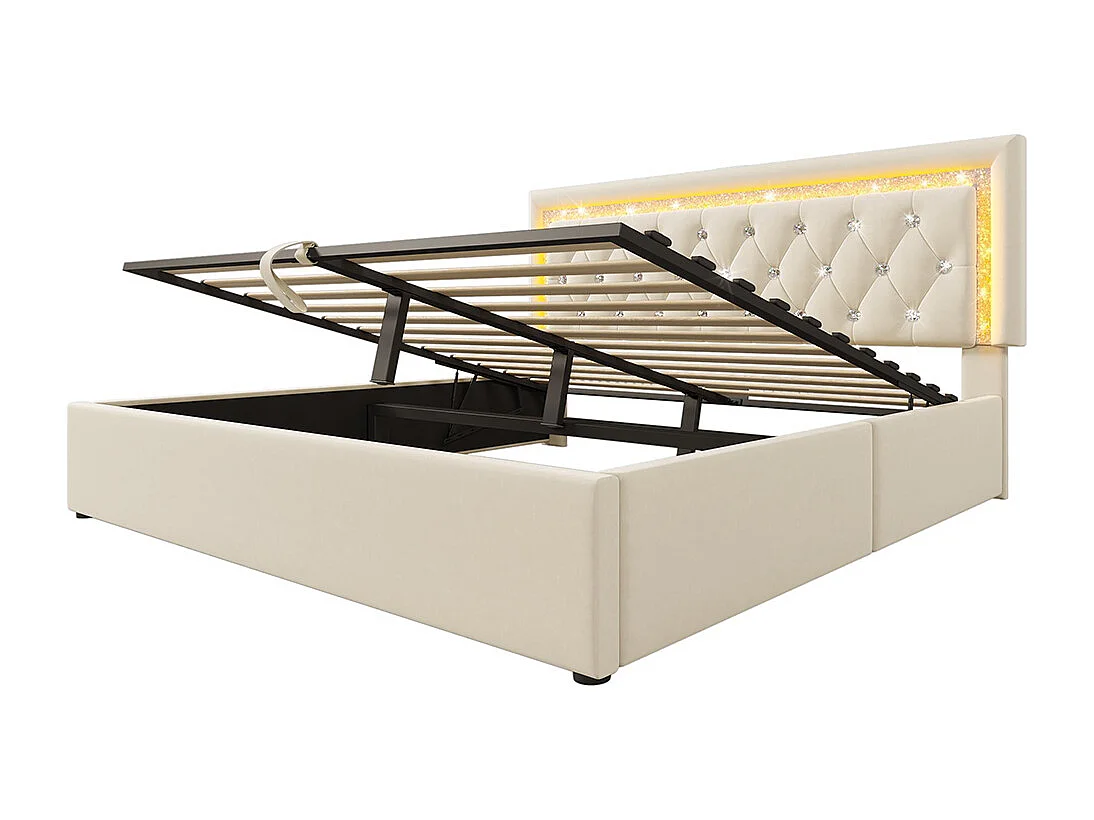 Gestoffeerd bed, hoofdeinde met LED-diamantstrip, USB- en Type-C-oplaadstation, fluweel, beige (zonder matras) - 160x200 cm