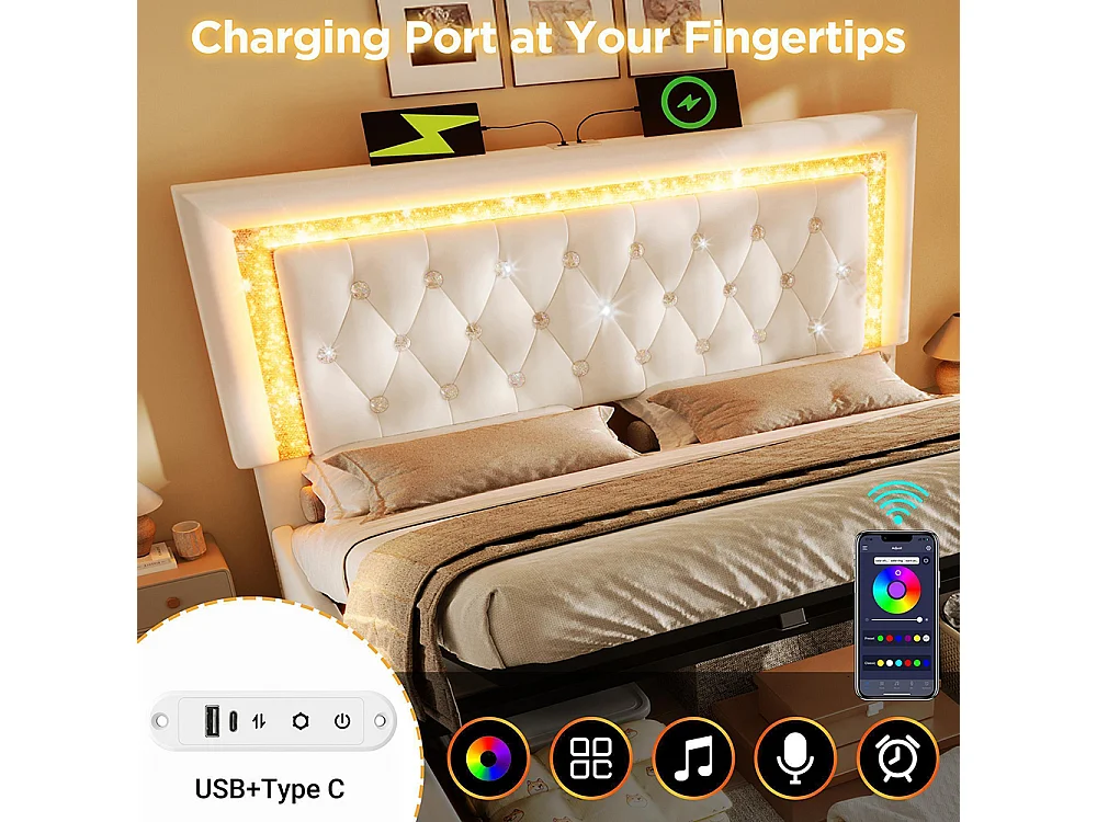 Gestoffeerd bed, hoofdeinde met LED-diamantstrip, USB- en Type-C-oplaadstation, fluweel, beige (zonder matras) - 160x200 cm