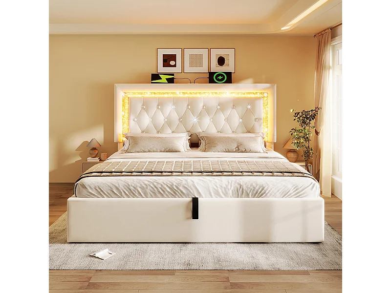 Lit rembourré, tête de lit avec bande diamantée LED, station de recharge USB et Type-C, velours, beige (sans matelas) - 160x200 cm