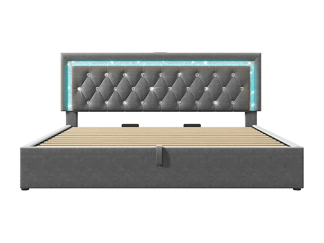 Gestoffeerd bed, hoofdeinde met LED-diamantstrip, USB- en Type-C-oplaadstation, fluweel, grijs (zonder matras) - 180 x 200 cm