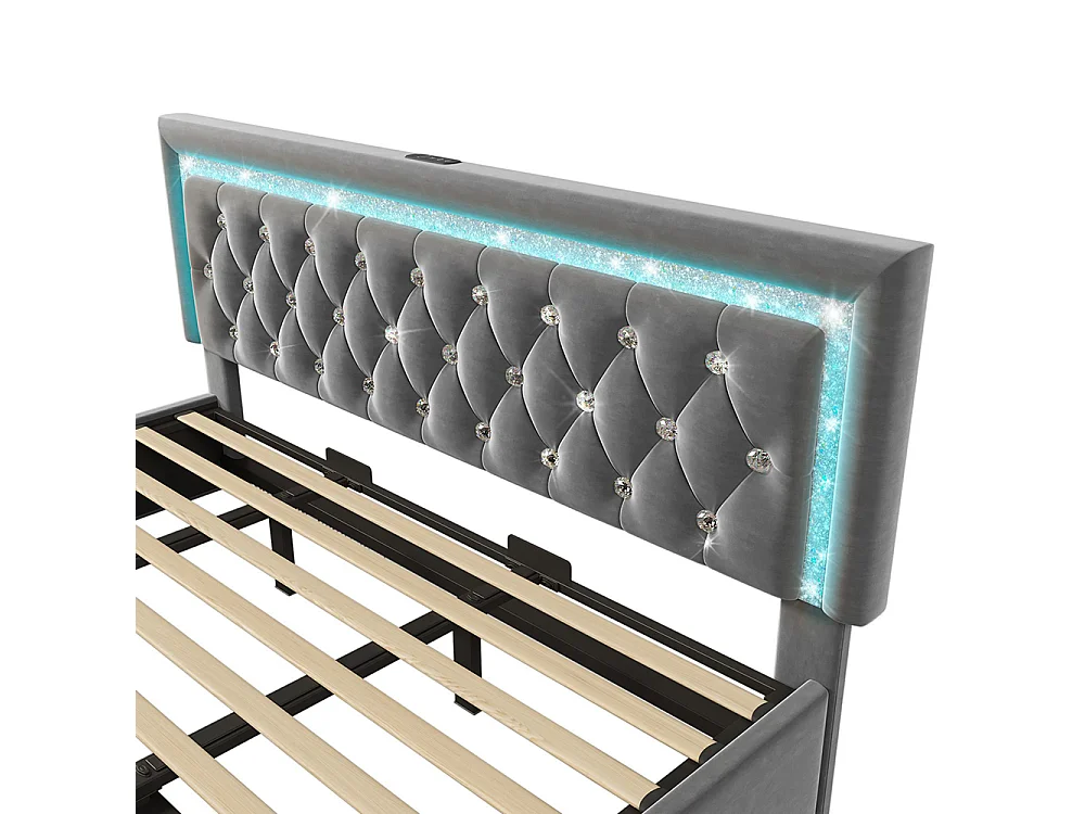 Gestoffeerd bed, hoofdeinde met LED-diamantstrip, USB- en Type-C-oplaadstation, fluweel, grijs (zonder matras) - 180 x 200 cm