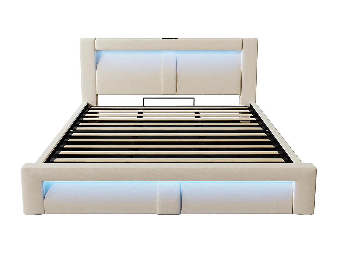 Lit hydraulique avec éclairage LED piloté par application, ports de charge USB et Type-C, velours, beige - 180x200 cm.