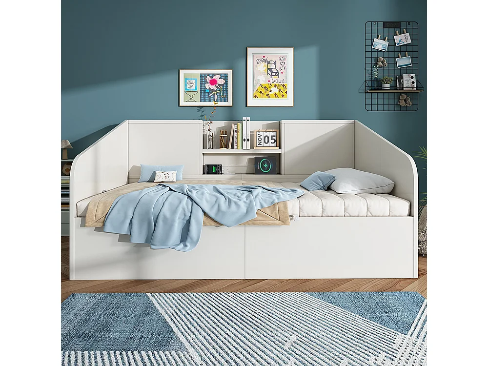 Canapé-lit hydraulique avec 2 étagères, grande capacité de rangement et station de recharge USB/Type-C, blanc (sans matelas) - 90x200 cm