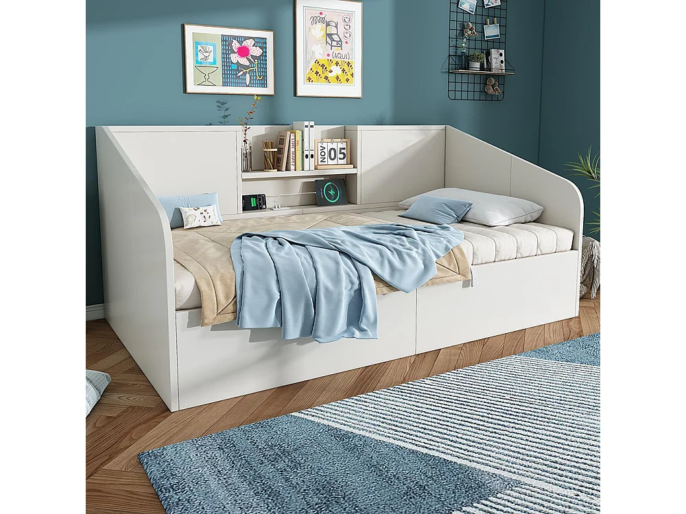 Canapé-lit hydraulique avec 2 étagères, grande capacité de rangement et station de recharge USB/Type-C, blanc (sans matelas) - 90x200 cm