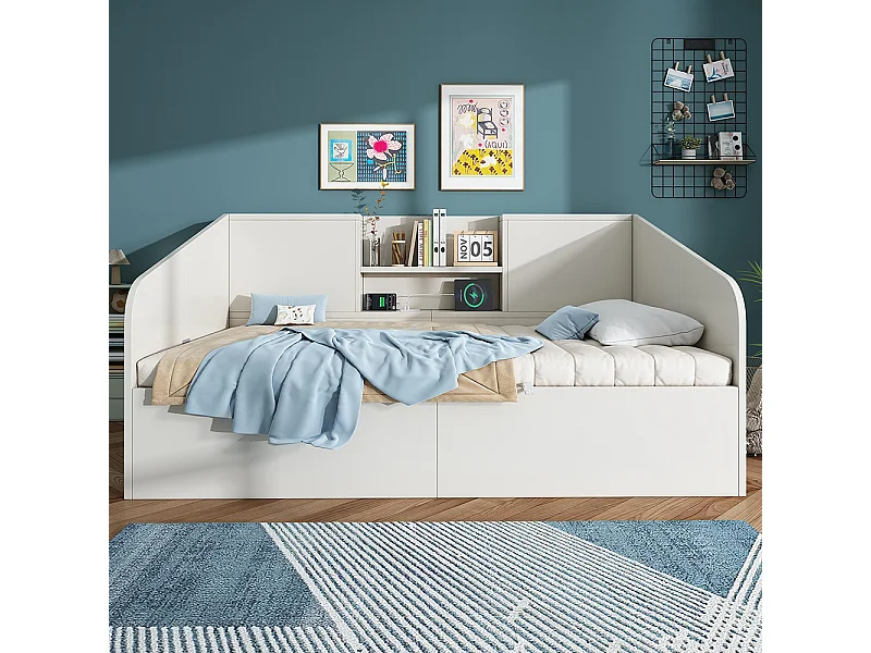 Canapé-lit hydraulique avec 2 étagères, grande capacité de rangement et station de recharge USB/Type-C, blanc (sans matelas) - 90x200 cm