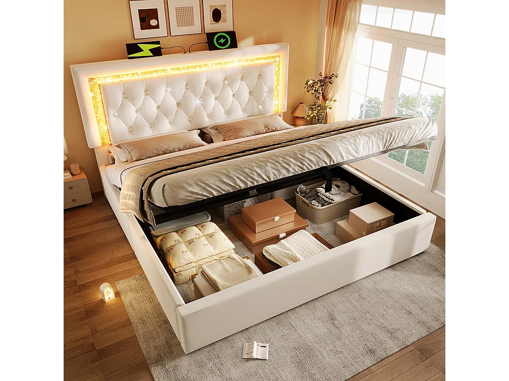 Gestoffeerd bed, hoofdeinde met LED-diamantstrip, USB- en Type-C-oplaadstation, fluweel, beige (zonder matras) - 180x200 cm