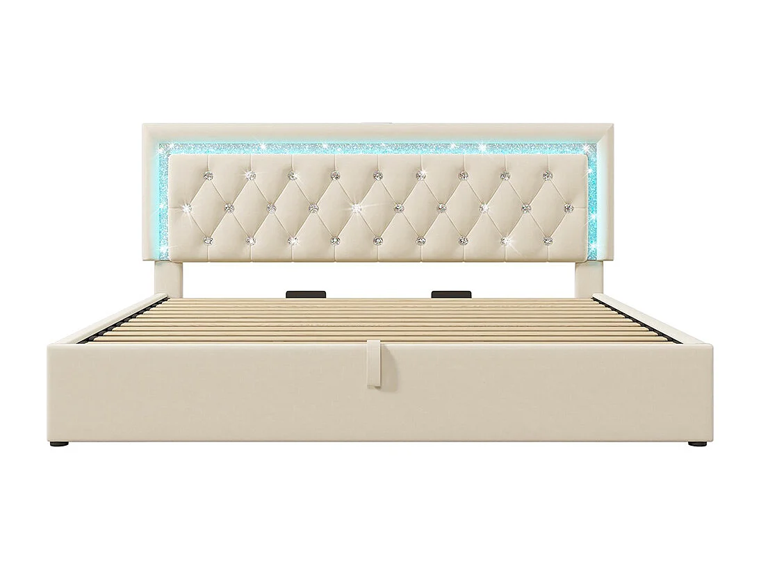 Gestoffeerd bed, hoofdeinde met LED-diamantstrip, USB- en Type-C-oplaadstation, fluweel, beige (zonder matras) - 180x200 cm