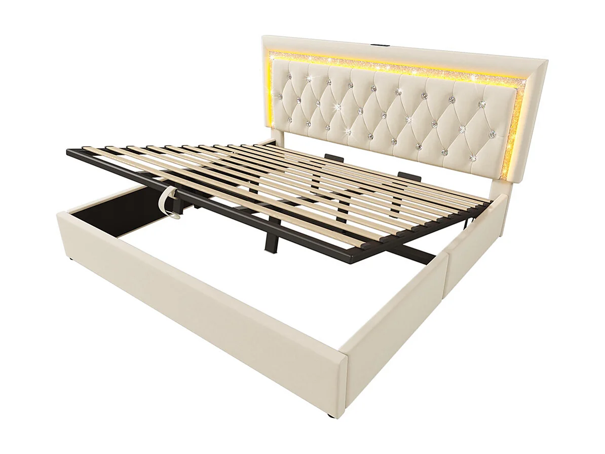 Gestoffeerd bed, hoofdeinde met LED-diamantstrip, USB- en Type-C-oplaadstation, fluweel, beige (zonder matras) - 180x200 cm