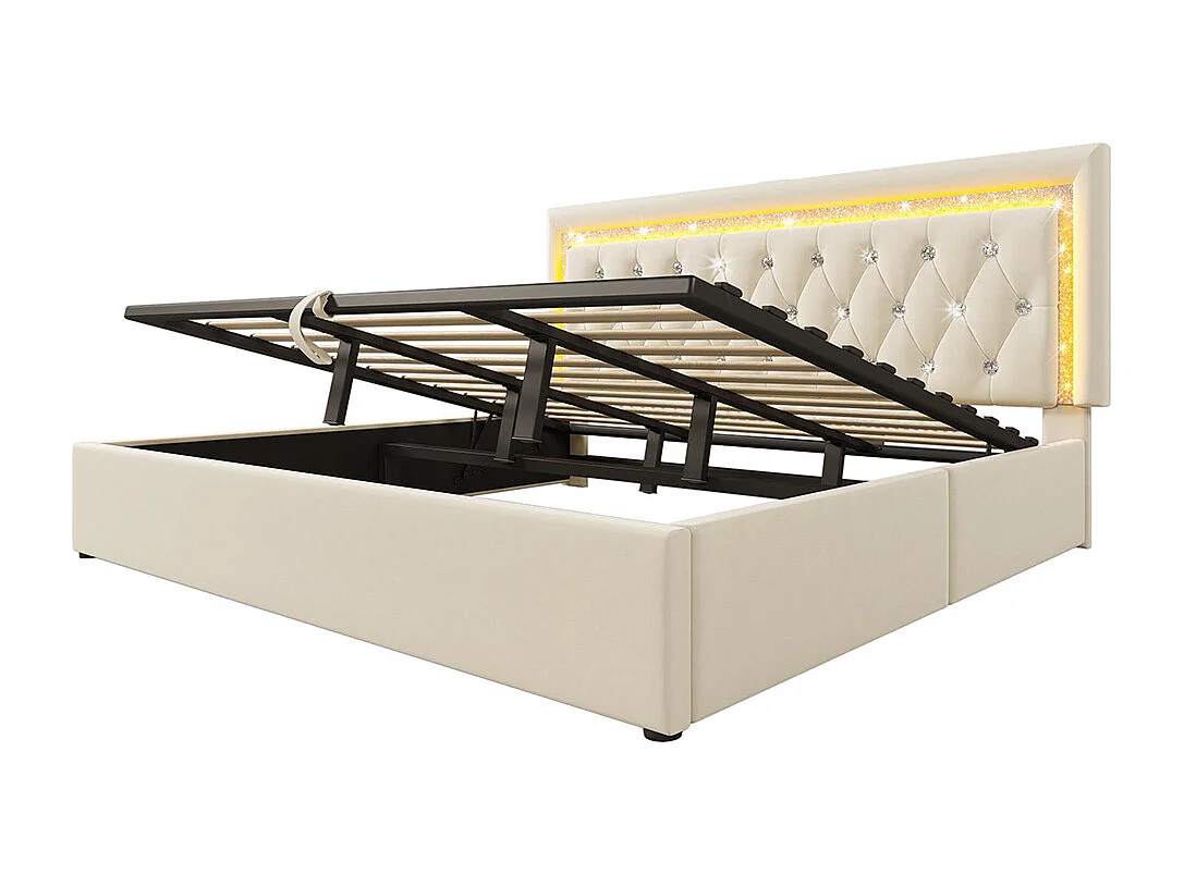 Gestoffeerd bed, hoofdeinde met LED-diamantstrip, USB- en Type-C-oplaadstation, fluweel, beige (zonder matras) - 180x200 cm