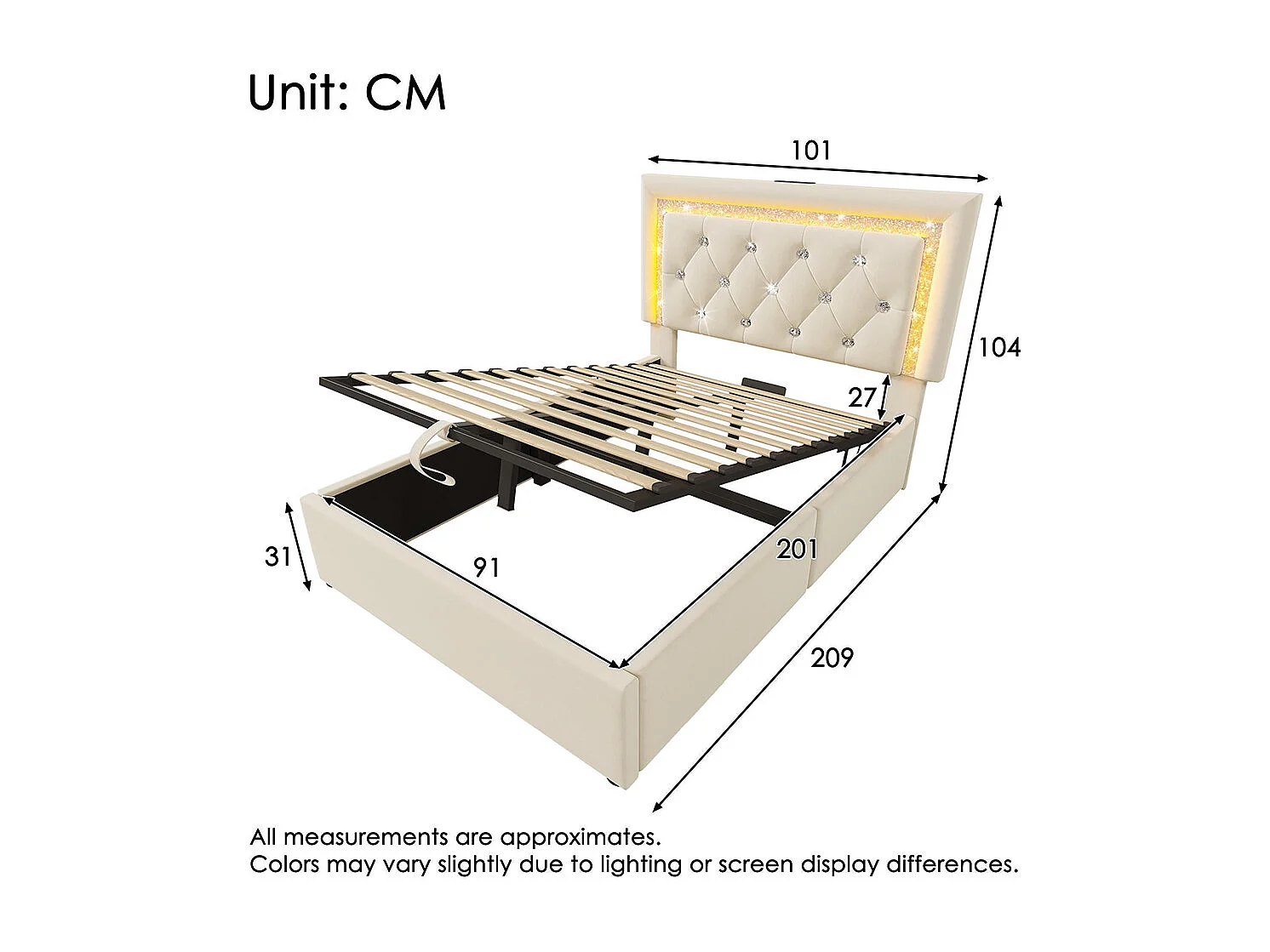 Gestoffeerd bed, hoofdeinde met LED-diamantstrip, USB- en Type-C-oplaadstation, fluweel, beige (zonder matras) - 90x200 cm
