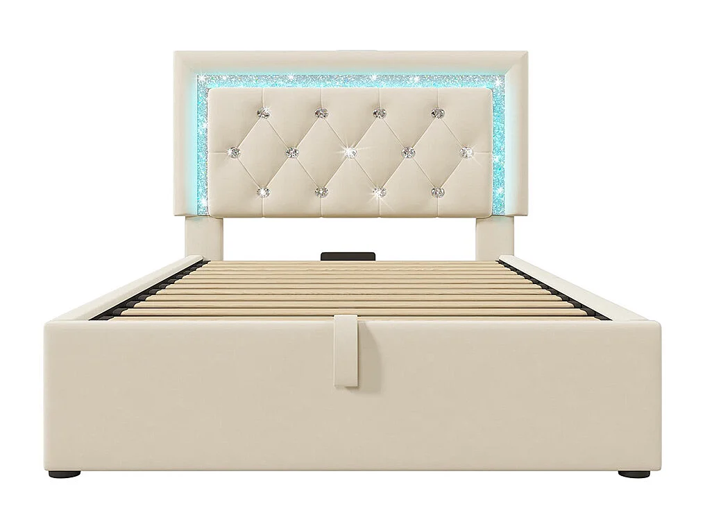 Gestoffeerd bed, hoofdeinde met LED-diamantstrip, USB- en Type-C-oplaadstation, fluweel, beige (zonder matras) - 90x200 cm
