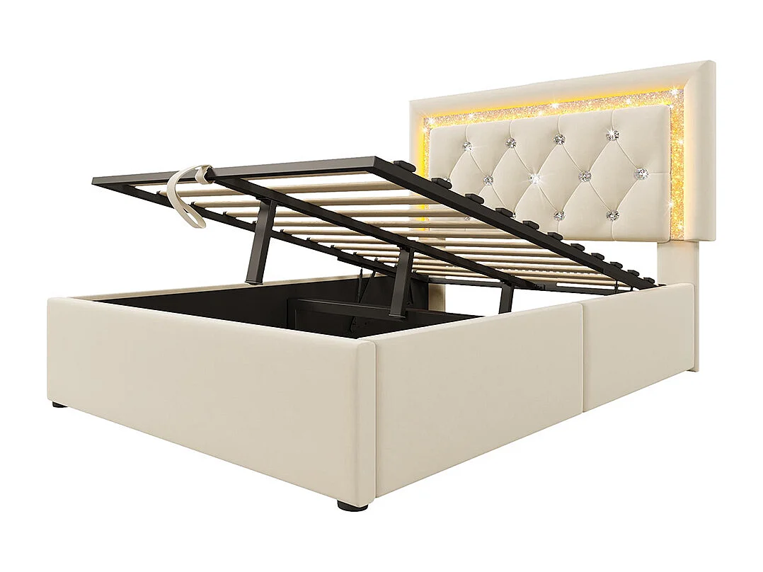 Gestoffeerd bed, hoofdeinde met LED-diamantstrip, USB- en Type-C-oplaadstation, fluweel, beige (zonder matras) - 90x200 cm